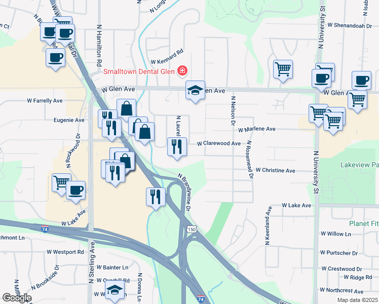 map of restaurants, bars, coffee shops, grocery stores, and more near 1929 West Bel Aire Avenue in Peoria