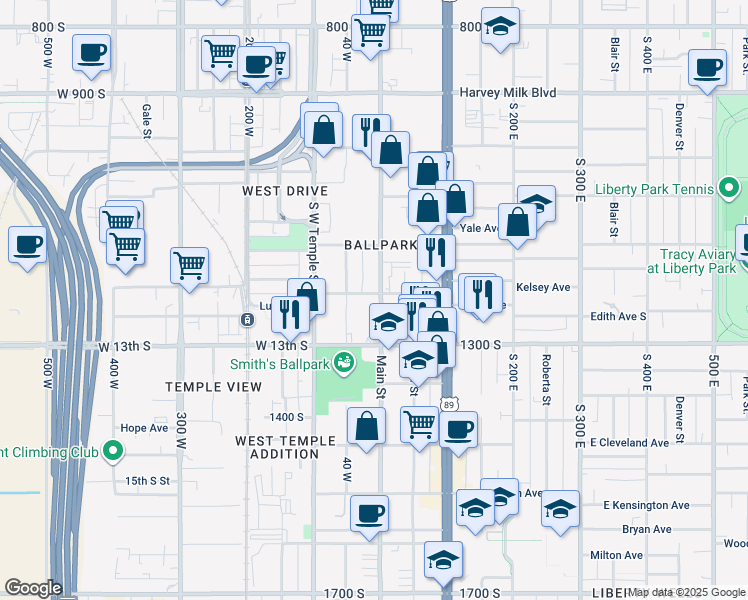 map of restaurants, bars, coffee shops, grocery stores, and more near 1186 South Main Street in Salt Lake City