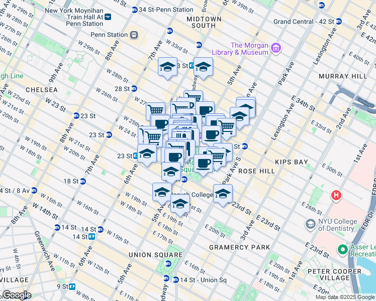 map of restaurants, bars, coffee shops, grocery stores, and more near 202 5th Avenue in New York