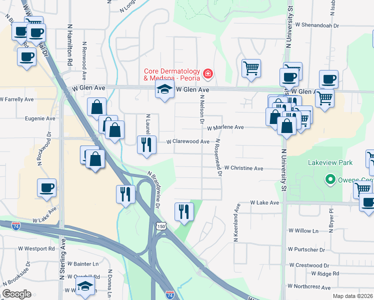 map of restaurants, bars, coffee shops, grocery stores, and more near 1807 West Bel Aire Avenue in Peoria