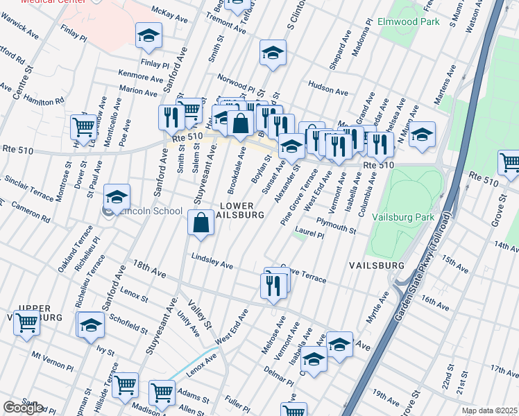map of restaurants, bars, coffee shops, grocery stores, and more near 80 Sunset Avenue in Newark