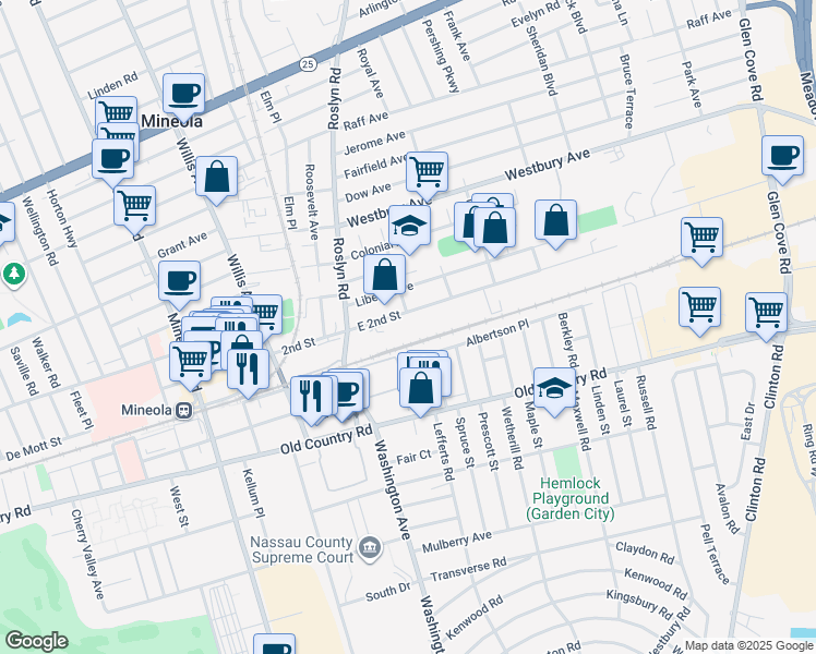 map of restaurants, bars, coffee shops, grocery stores, and more near 59-65 2nd Street in Mineola