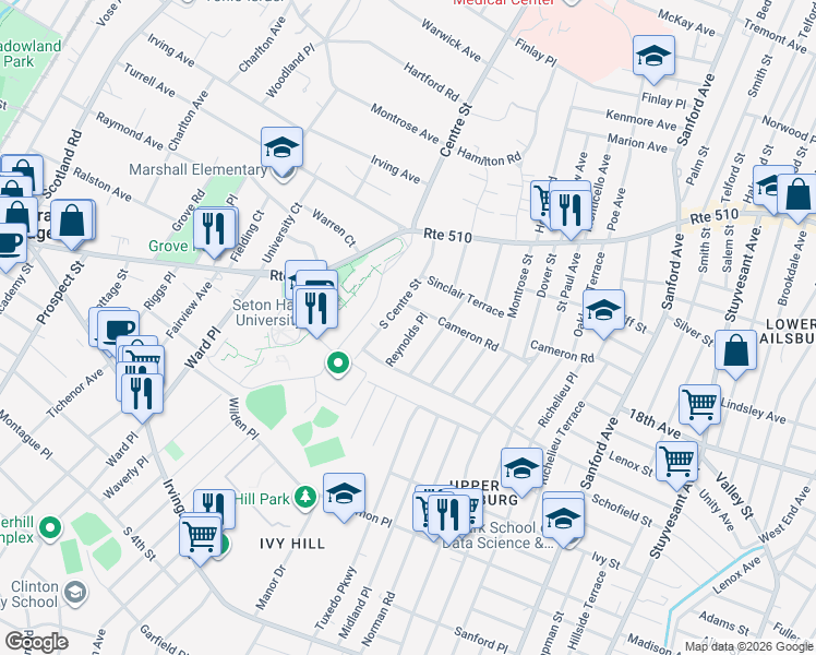 map of restaurants, bars, coffee shops, grocery stores, and more near 117 Reynolds Place in South Orange