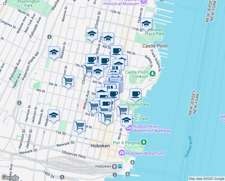 map of restaurants, bars, coffee shops, grocery stores, and more near 522 Washington Street in Hoboken