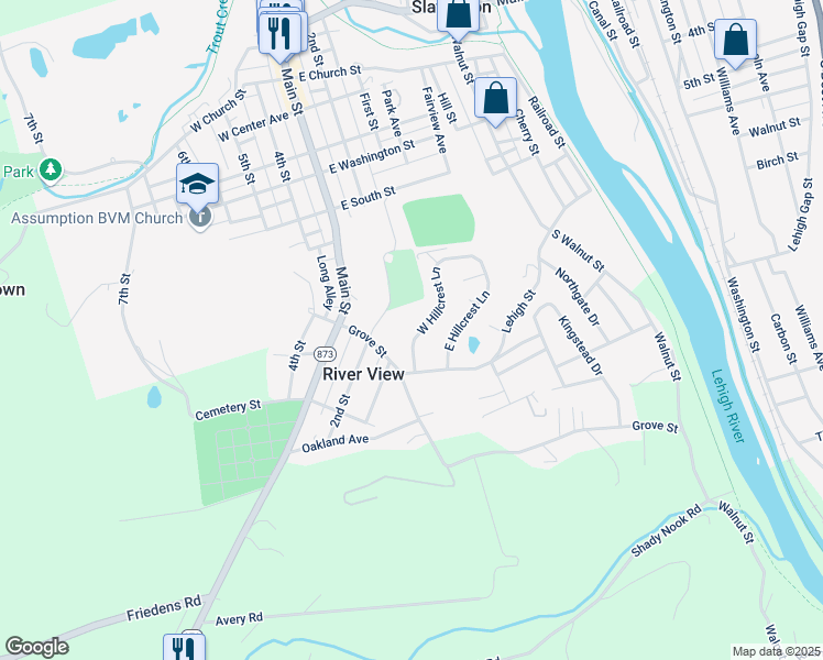 map of restaurants, bars, coffee shops, grocery stores, and more near 7320 West Hillcrest Lane in Slatington