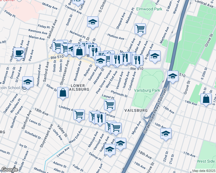 map of restaurants, bars, coffee shops, grocery stores, and more near 66 West End Avenue in Newark