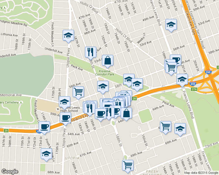 map of restaurants, bars, coffee shops, grocery stores, and more near 56-51 189th Street in Queens