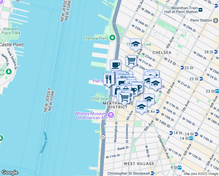 map of restaurants, bars, coffee shops, grocery stores, and more near 25 11th Avenue in New York