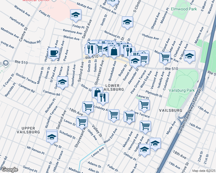 map of restaurants, bars, coffee shops, grocery stores, and more near Brookdale Ave & Abinger Pl in Newark