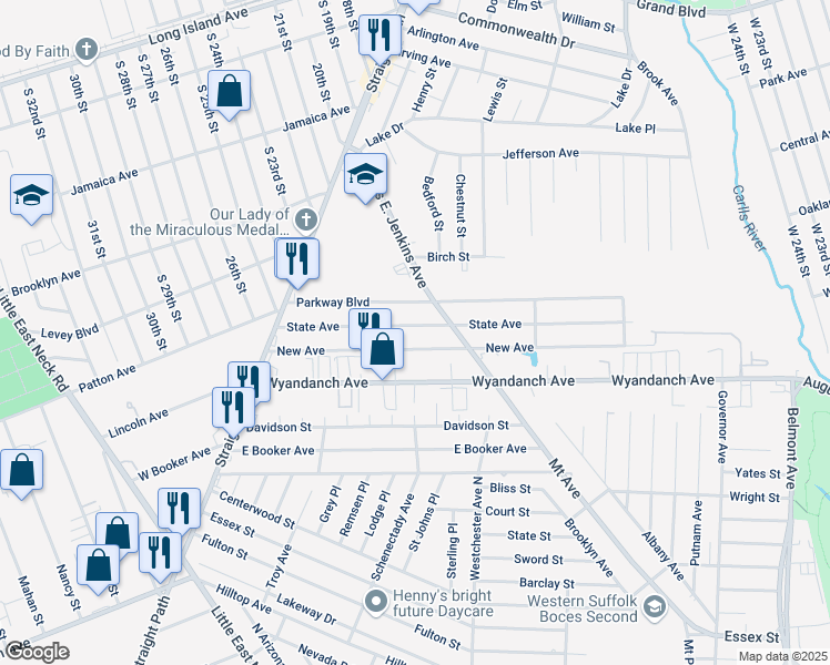 map of restaurants, bars, coffee shops, grocery stores, and more near 90 State Avenue in Wyandanch