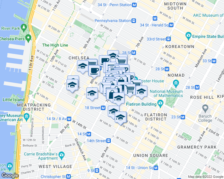 map of restaurants, bars, coffee shops, grocery stores, and more near 190 7th Avenue in New York