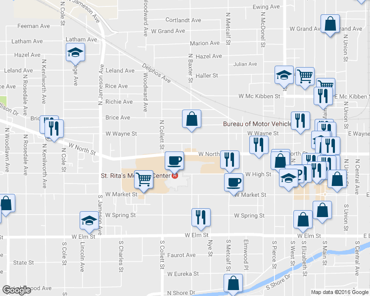 map of restaurants, bars, coffee shops, grocery stores, and more near 810 W North St in Lima