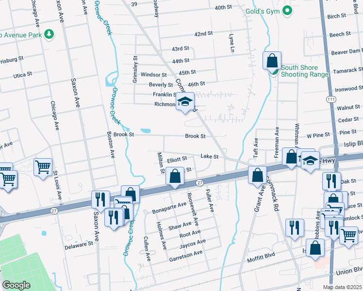 map of restaurants, bars, coffee shops, grocery stores, and more near 150 Lake St in Islip