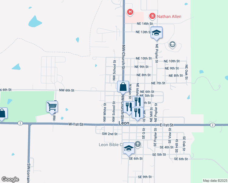 map of restaurants, bars, coffee shops, grocery stores, and more near 301 Northwest 6th Street in Leon