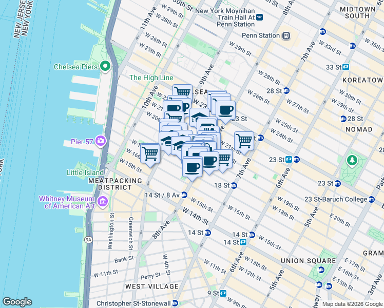 map of restaurants, bars, coffee shops, grocery stores, and more near in New York