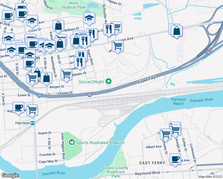 map of restaurants, bars, coffee shops, grocery stores, and more near Interstate 280 in Kearny