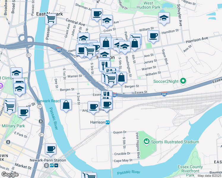map of restaurants, bars, coffee shops, grocery stores, and more near 401 Bergen Street in Harrison