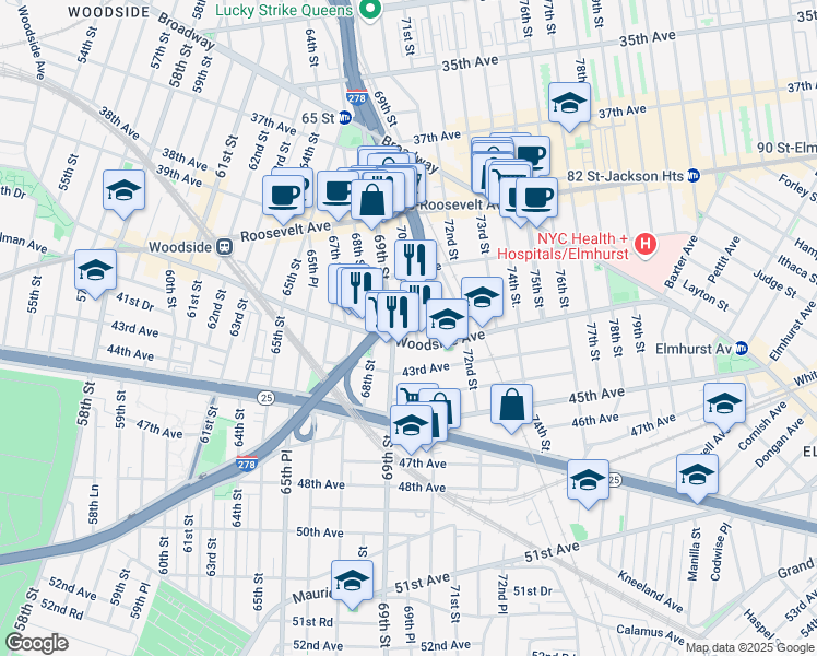 map of restaurants, bars, coffee shops, grocery stores, and more near in Queens