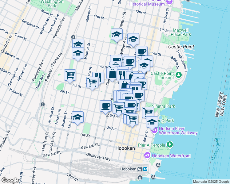 map of restaurants, bars, coffee shops, grocery stores, and more near 250 5th Street in Hoboken