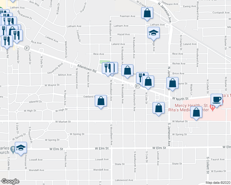 map of restaurants, bars, coffee shops, grocery stores, and more near 1430 Oakland Parkway in Lima