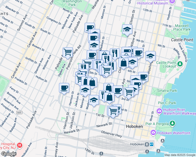 map of restaurants, bars, coffee shops, grocery stores, and more near 410 Jefferson Street in Hoboken