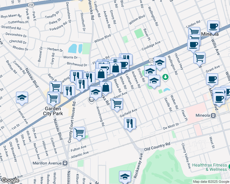 map of restaurants, bars, coffee shops, grocery stores, and more near 236 Wardwell Road in Mineola