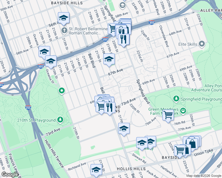 map of restaurants, bars, coffee shops, grocery stores, and more near 21628 68th Avenue in Queens