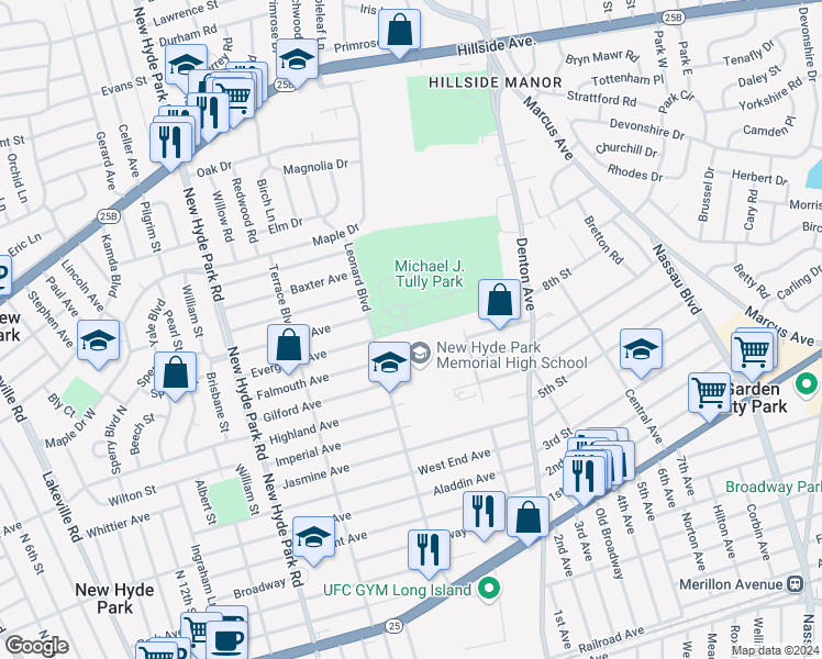 map of restaurants, bars, coffee shops, grocery stores, and more near 1838 Evergreen Avenue in North New Hyde Park