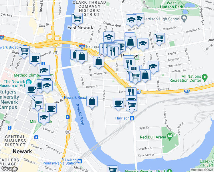 map of restaurants, bars, coffee shops, grocery stores, and more near 210 Bergen Street in Harrison