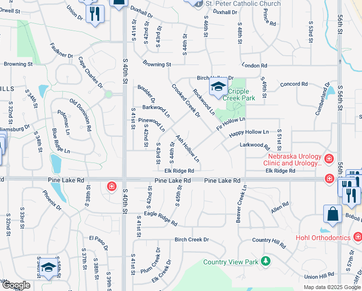 map of restaurants, bars, coffee shops, grocery stores, and more near 6801 Ash Hollow Lane in Lincoln