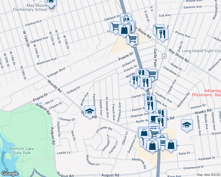 map of restaurants, bars, coffee shops, grocery stores, and more near 532 French Ave in North Babylon