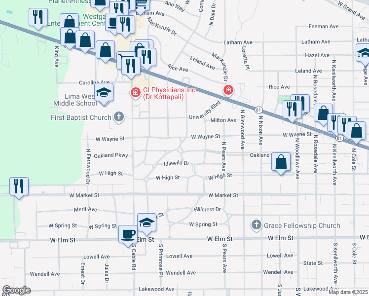 map of restaurants, bars, coffee shops, grocery stores, and more near 1980 Oakland Parkway in Lima