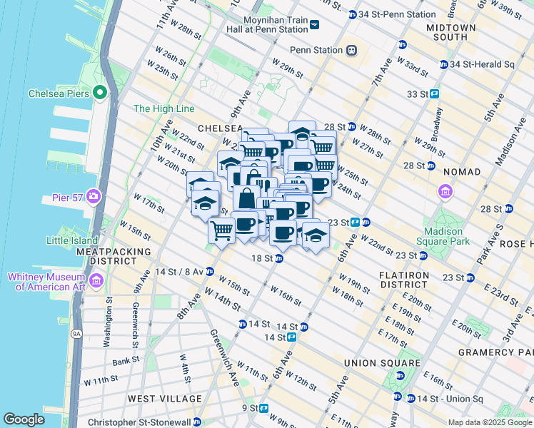 map of restaurants, bars, coffee shops, grocery stores, and more near 223 West 20th Street in New York