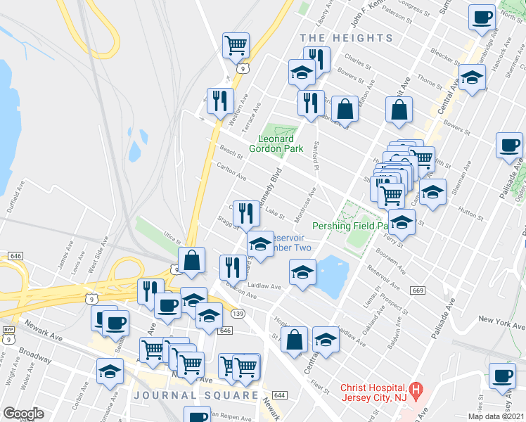map of restaurants, bars, coffee shops, grocery stores, and more near in Jersey City
