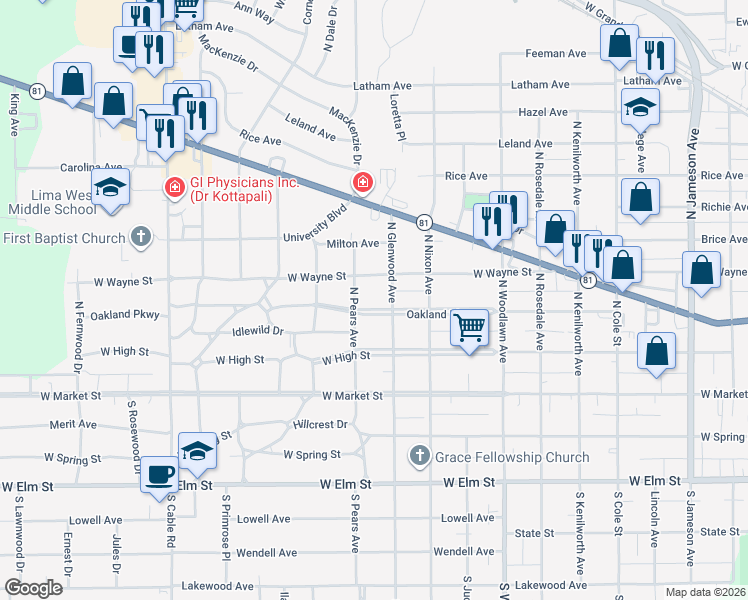 map of restaurants, bars, coffee shops, grocery stores, and more near 1716 Oakland Parkway in Lima
