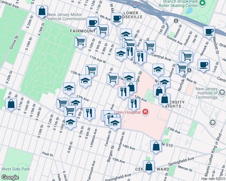 map of restaurants, bars, coffee shops, grocery stores, and more near 121 Littleton Avenue in Newark