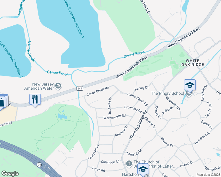 map of restaurants, bars, coffee shops, grocery stores, and more near 72 Canoe Brook Road in Millburn