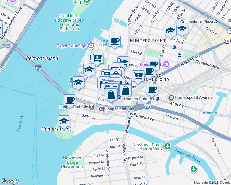 map of restaurants, bars, coffee shops, grocery stores, and more near 547 50th Avenue in Queens