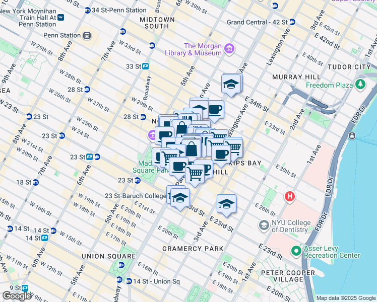 map of restaurants, bars, coffee shops, grocery stores, and more near 386 Park Avenue South in New York