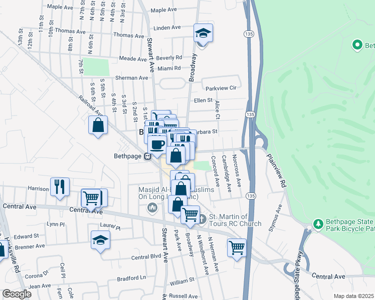 map of restaurants, bars, coffee shops, grocery stores, and more near 1 Amalia Court in Bethpage