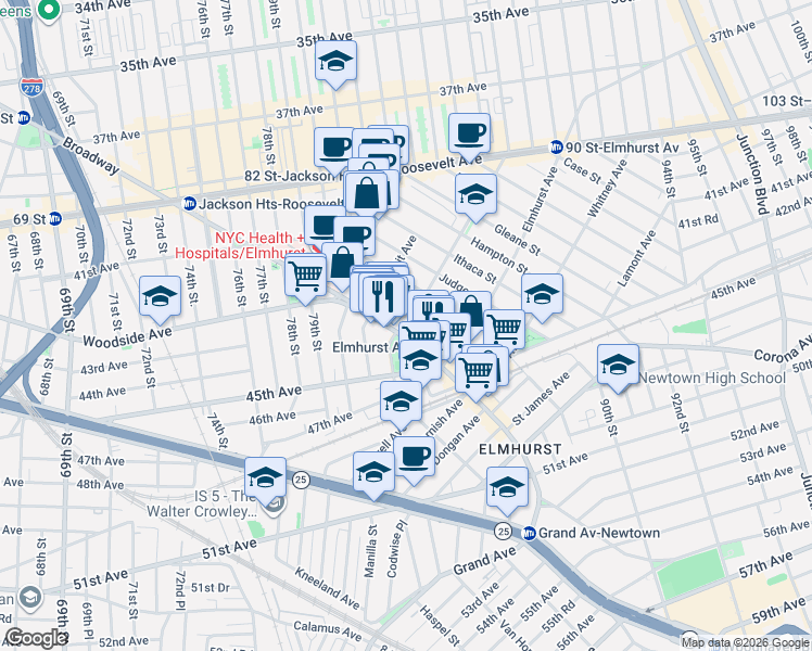 map of restaurants, bars, coffee shops, grocery stores, and more near 82-1 Britton Avenue in Queens