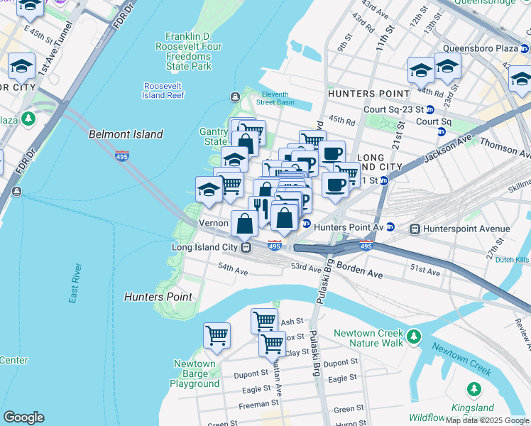 map of restaurants, bars, coffee shops, grocery stores, and more near 5-22 50th Avenue in Queens