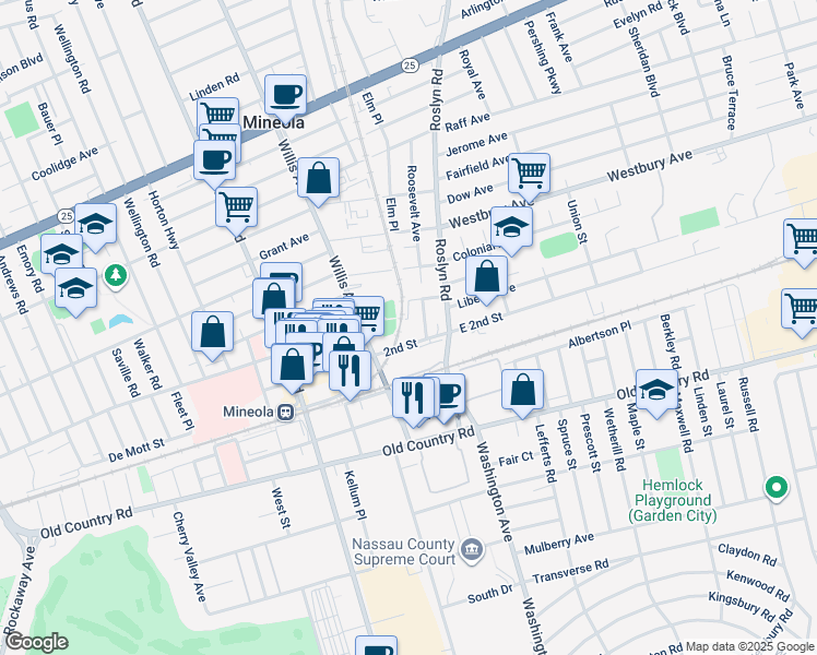 map of restaurants, bars, coffee shops, grocery stores, and more near Copley Court in Mineola