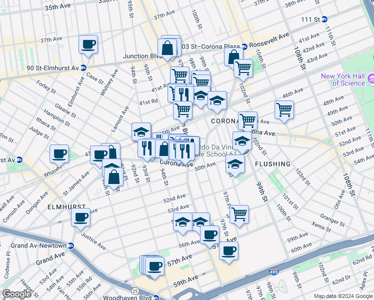map of restaurants, bars, coffee shops, grocery stores, and more near 94-76 Alstyne Avenue in Queens