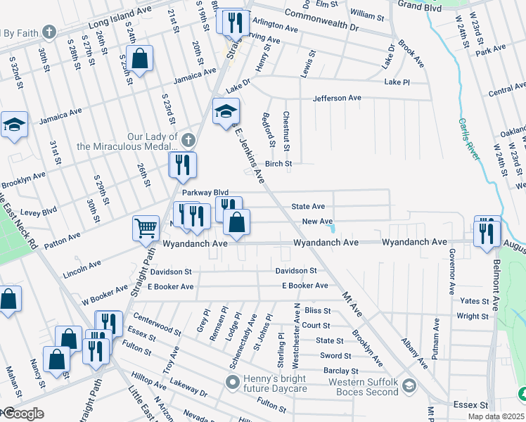 map of restaurants, bars, coffee shops, grocery stores, and more near 90 State Avenue in Wyandanch