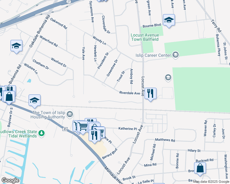 map of restaurants, bars, coffee shops, grocery stores, and more near 28 Riverdale Avenue in Oakdale