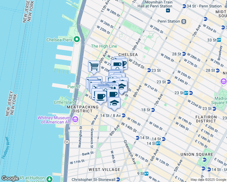 map of restaurants, bars, coffee shops, grocery stores, and more near 112 9th Avenue in New York