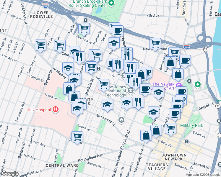 map of restaurants, bars, coffee shops, grocery stores, and more near 10 Nuttman Street in Newark