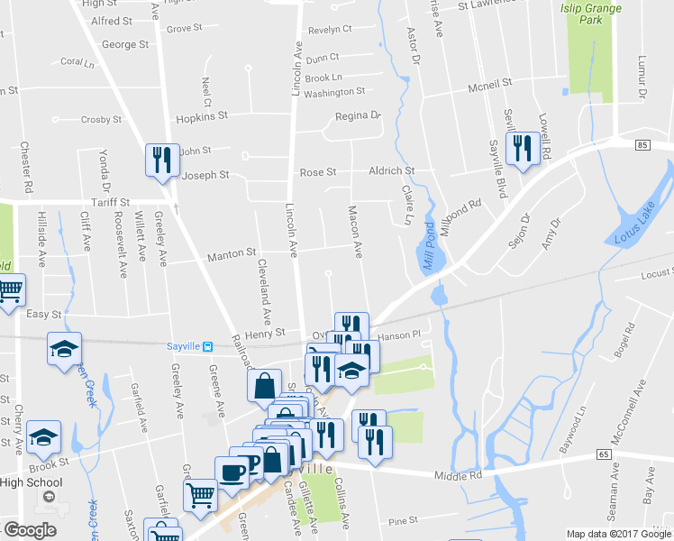 map of restaurants, bars, coffee shops, grocery stores, and more near 57 Overton Avenue in Sayville