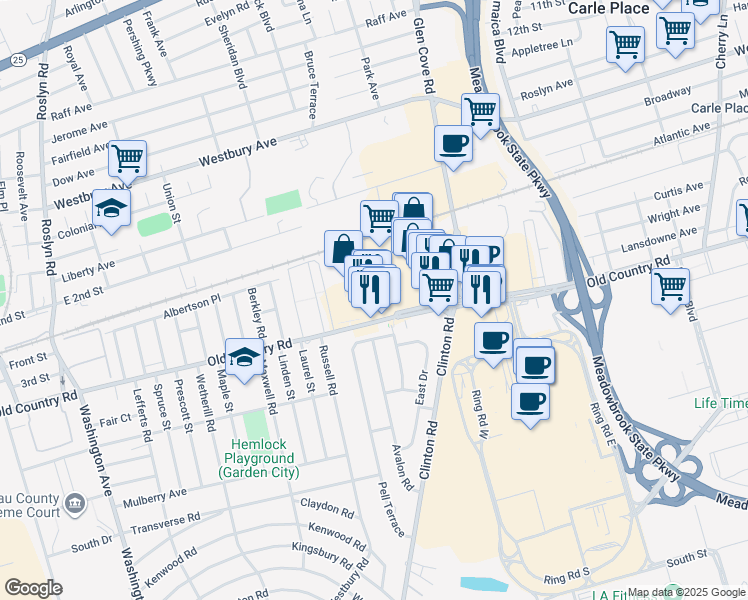 map of restaurants, bars, coffee shops, grocery stores, and more near 55 Old Country Road in Carle Place